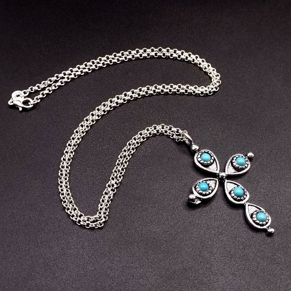 Sterling Silver Necklace w/ Cross Turquoise Teardrop Pendant Southwestern Boho